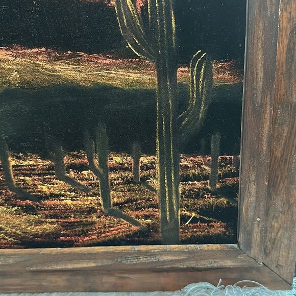 Vintage Desert Sunset Black Velvet Painting Wooden Framed Desert Landscape - Picture 6 of 17